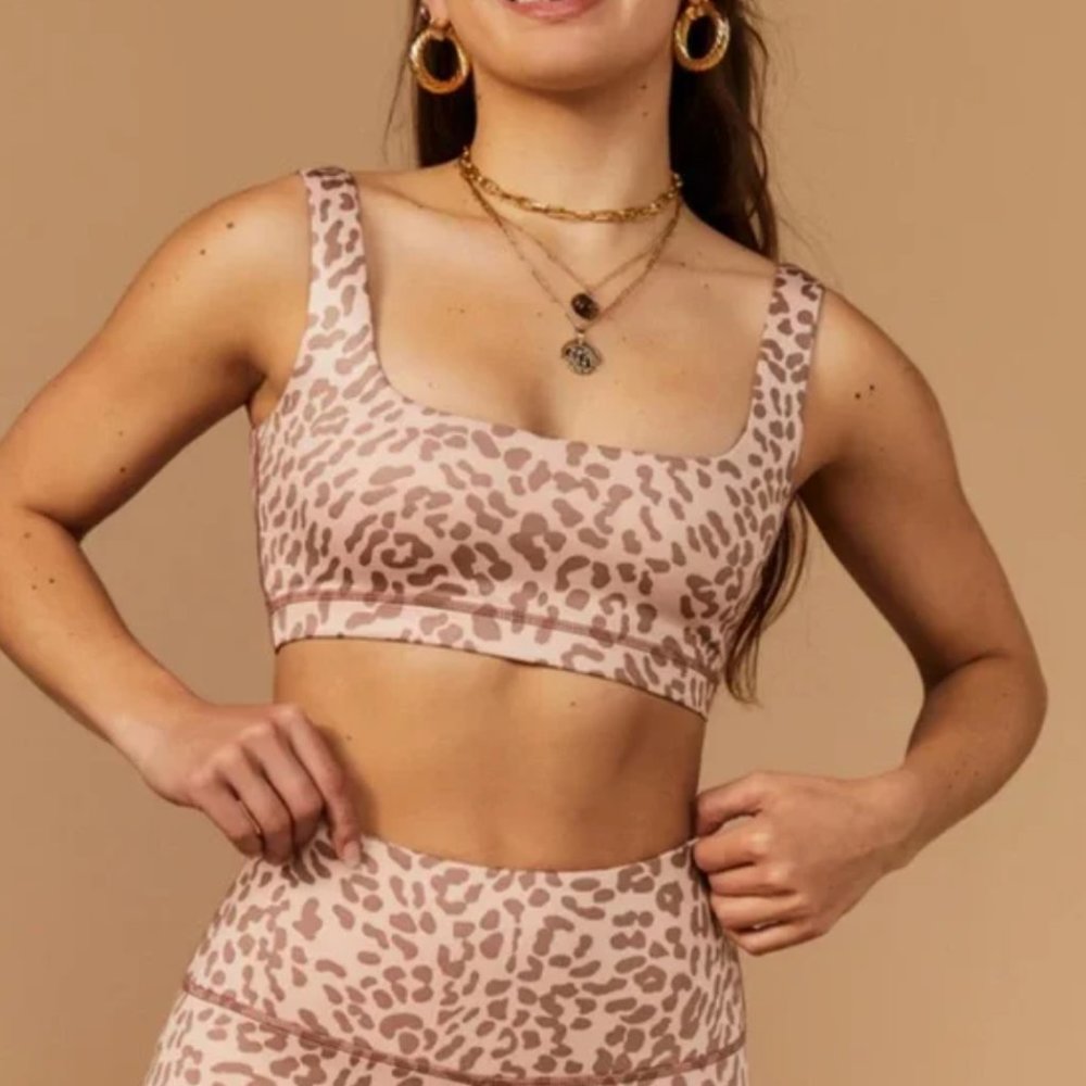 SET: Tan + Lines Laurel Cyn Leopard Print Biker Shorts & Bra Set Size Small
